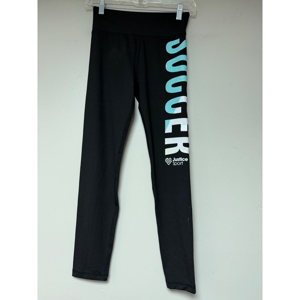 Justice Sport Girls L 12/14 Black Mint Soccer Graphic Leggings NEW 305332